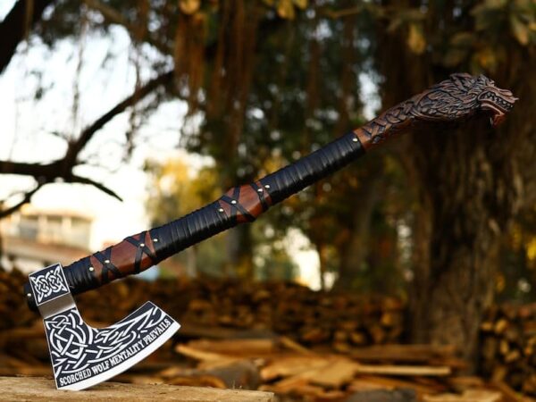 Medieval Viking Fenrir Shield and Axe Set Handcrafted Viking Round Wolf Shield with Carved Wood, Viking Axe - Image 3