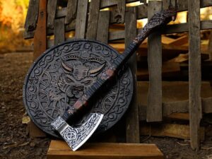 Medieval Viking Fenrir Shield and Axe Set Handcrafted Viking Round Wolf Shield with Carved Wood, Viking Axe