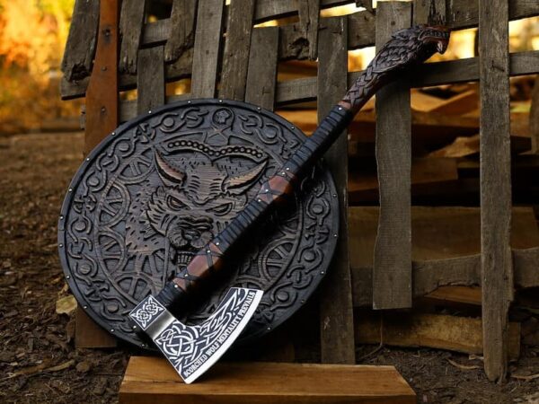 Medieval Viking Fenrir Shield and Axe Set Handcrafted Viking Round Wolf Shield with Carved Wood, Viking Axe