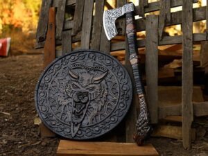 Medieval Viking Fenrir Shield and Axe Set Handcrafted Viking Round Wolf Shield with Carved Wood, Viking Axe