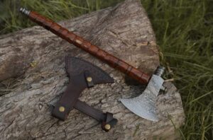 Handmade Damascus Smoke Pipe Axe with Leather Sheath