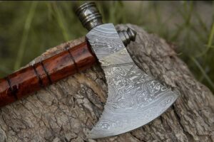 Handmade Damascus Smoke Pipe Axe with Leather Sheath