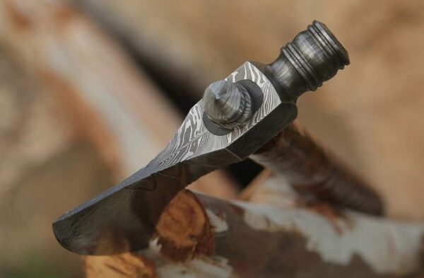Handmade Damascus Smoke Pipe Axe with Leather Sheath - Image 3