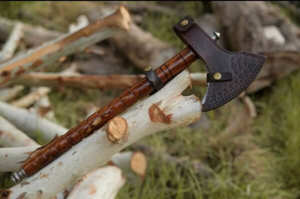 Handmade Damascus Smoke Pipe Axe with Leather Sheath - Image 5
