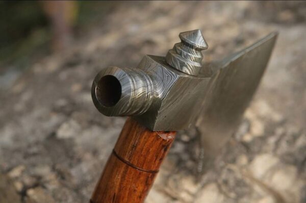 Handmade Damascus Smoke Pipe Axe with Leather Sheath - Image 4