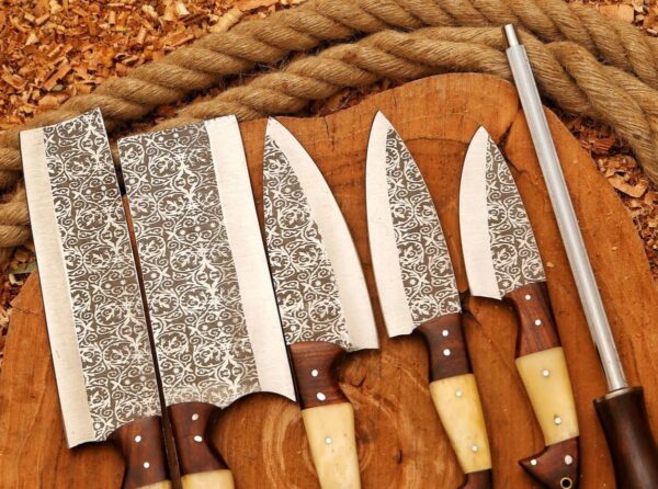 Beautiful Etched Kitchen Knifes Set With Leather Roll Kit - Image 3