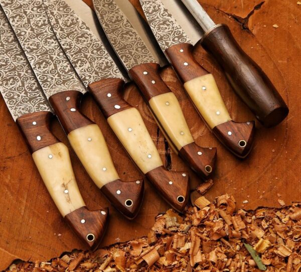 Beautiful Etched Kitchen Knifes Set With Leather Roll Kit - Image 4
