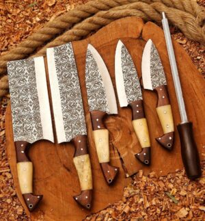 Beautiful Etched Kitchen Knifes Set With Leather Roll Kit