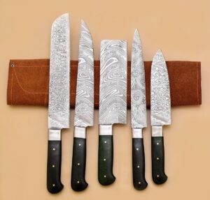 Damascus Kitchen Knifes 5 PCS Set With Leather Roll Kit