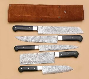 Damascus Kitchen Knifes 5 PCS Set With Leather Roll Kit