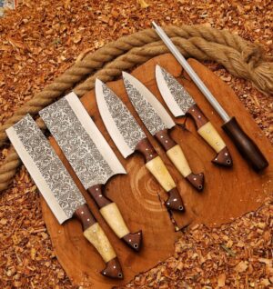 Beautiful Etched Kitchen Knifes Set With Leather Roll Kit