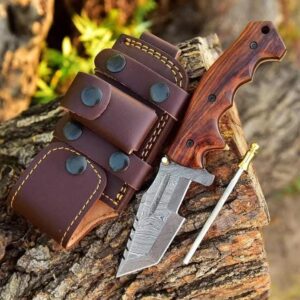 Handmade Damascus Steel Pocket Tracker Knife With Sharpener