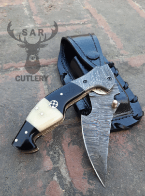 Handmade Damascus Pocket Knife with Sheath | EDC Knife