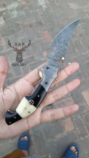 Handmade Damascus Pocket Knife with Sheath | EDC Knife