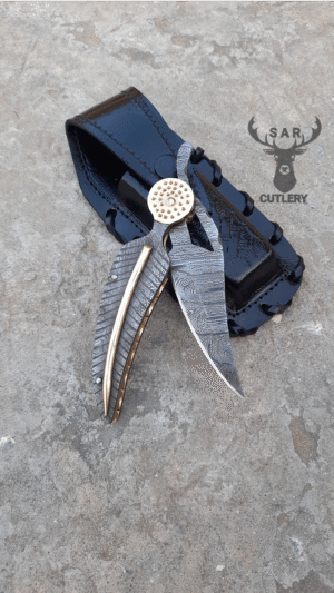 Damascus Feather Leaf Pocket Knife With Sheath | EDC Knife