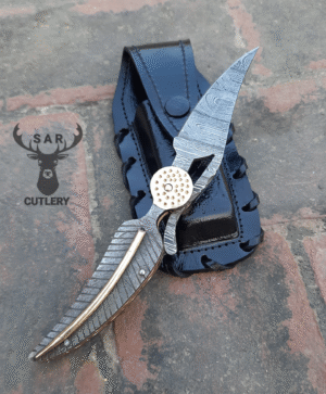 Damascus Feather Leaf Pocket Knife With Sheath | EDC Knife