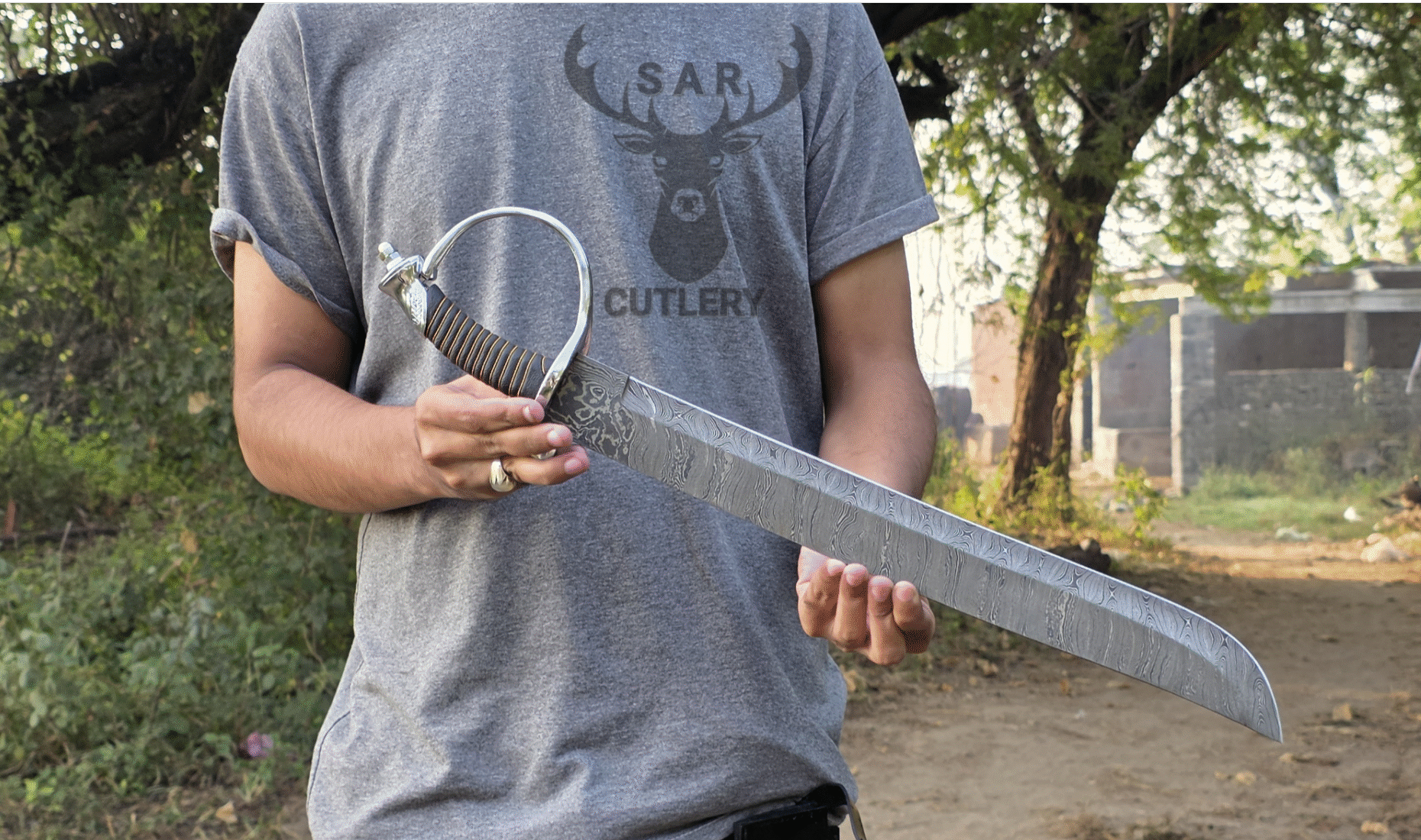 Hand-Forged Damascus Steel Short Sword with Leather Sheath