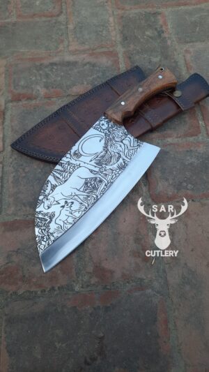 Corban Steel 15" Chef Knife Cleaver Etched Blade | Chopper Knife